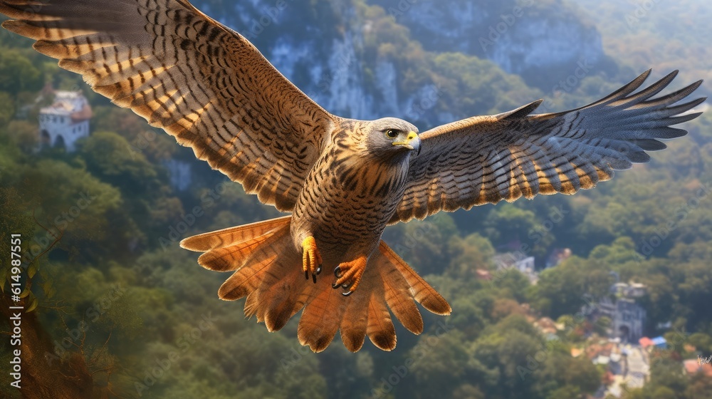 Flying falcon in the nature, Wild Falcon in flight.