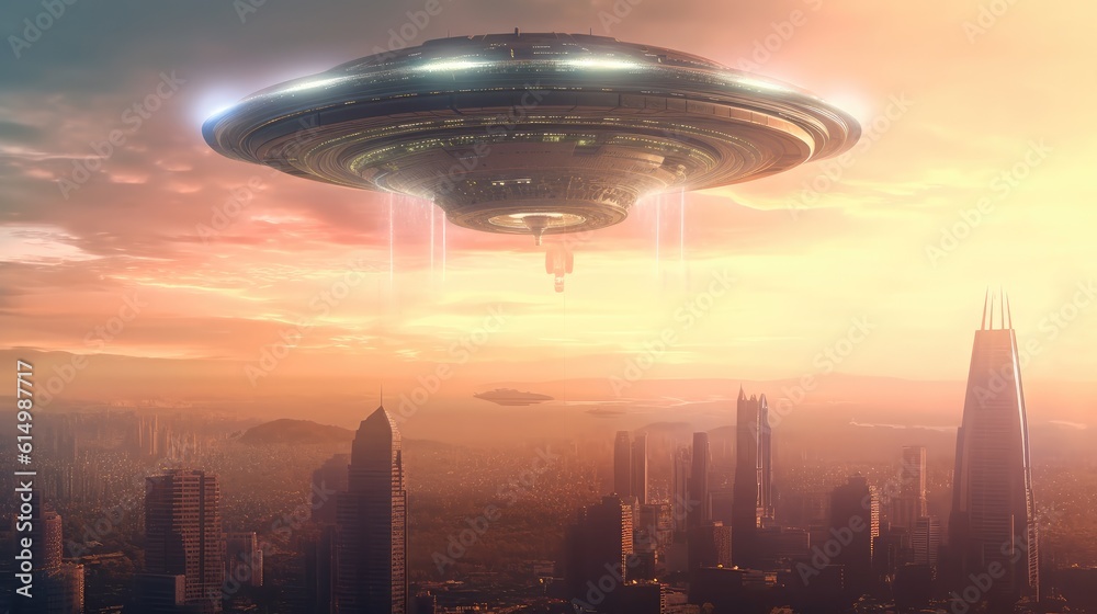 Giant alien ship over city, Large flying Saucer, Visual effect element, invasion sci fi concept, Eng