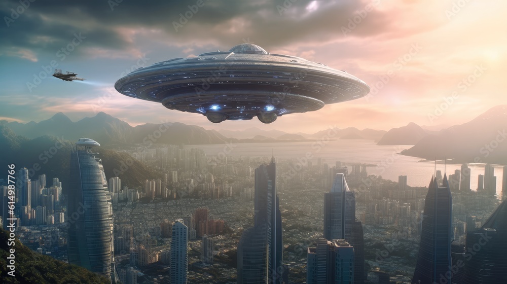 Giant alien ship over city, Large flying Saucer, Visual effect element, invasion sci fi concept, Eng