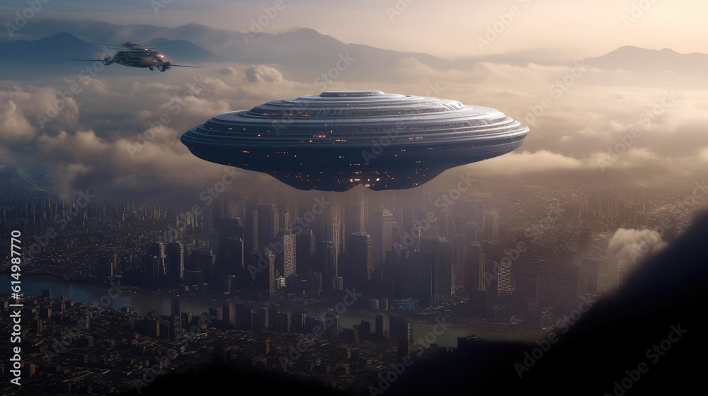 Giant alien ship over city, invasion sci fi concept.