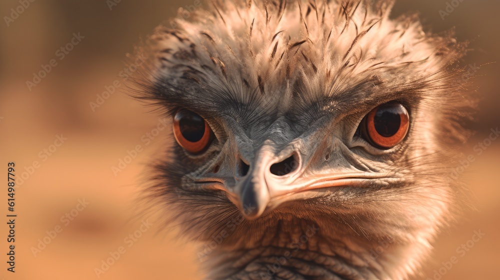 Head and neck portrait of an ostrich bird, The largest living bird, Zoo bird.