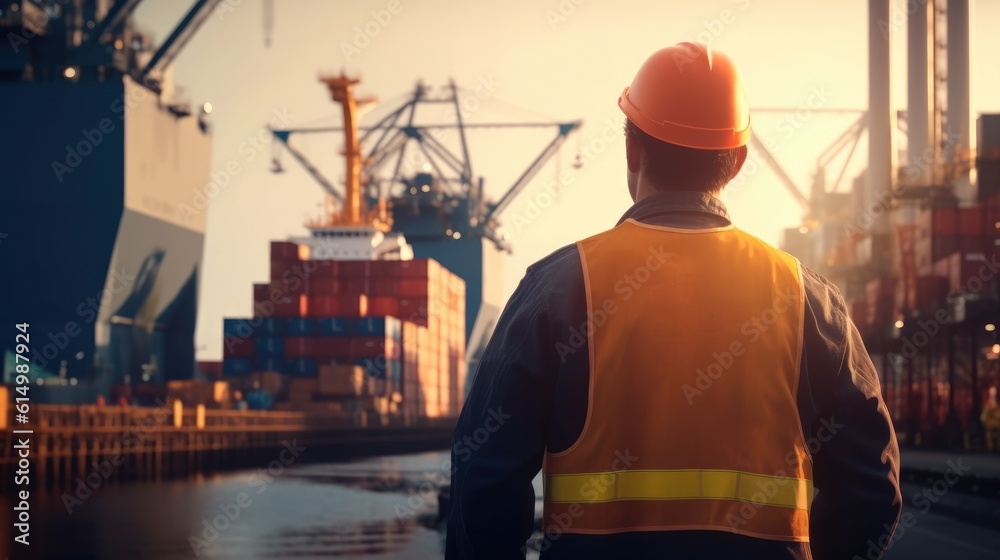 Dock worker standing at the harbor amidst shipping industry activity.