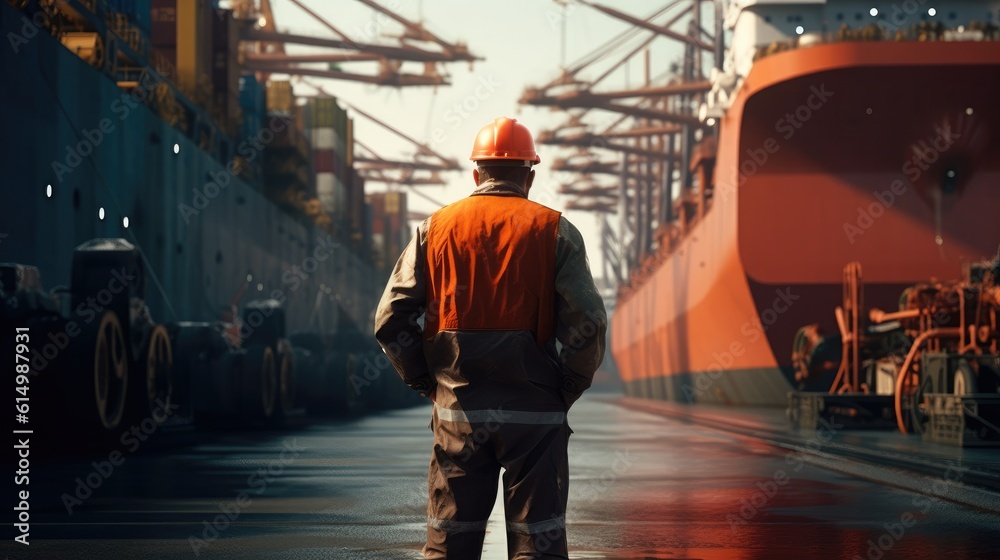 Engineer standing in front of cargo ship at trade port background, industrial, logistics, Shipping c