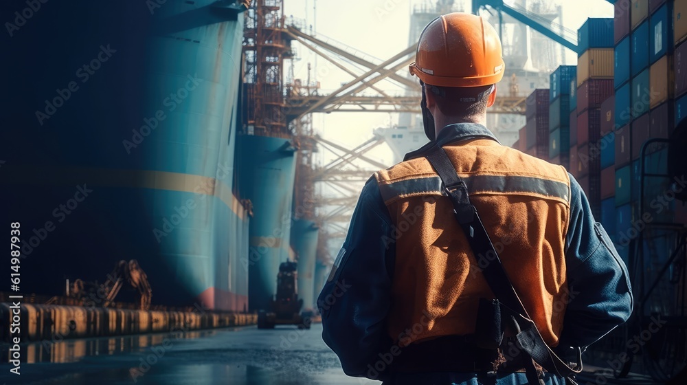 Rear view of dock workers standing in shipyard, Industry with cargo ship.