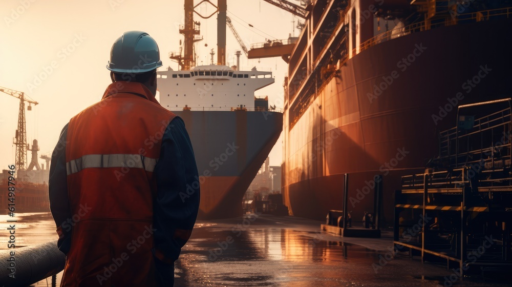 Engineer standing in front of cargo ship at trade port background, industrial, logistics, Shipping c