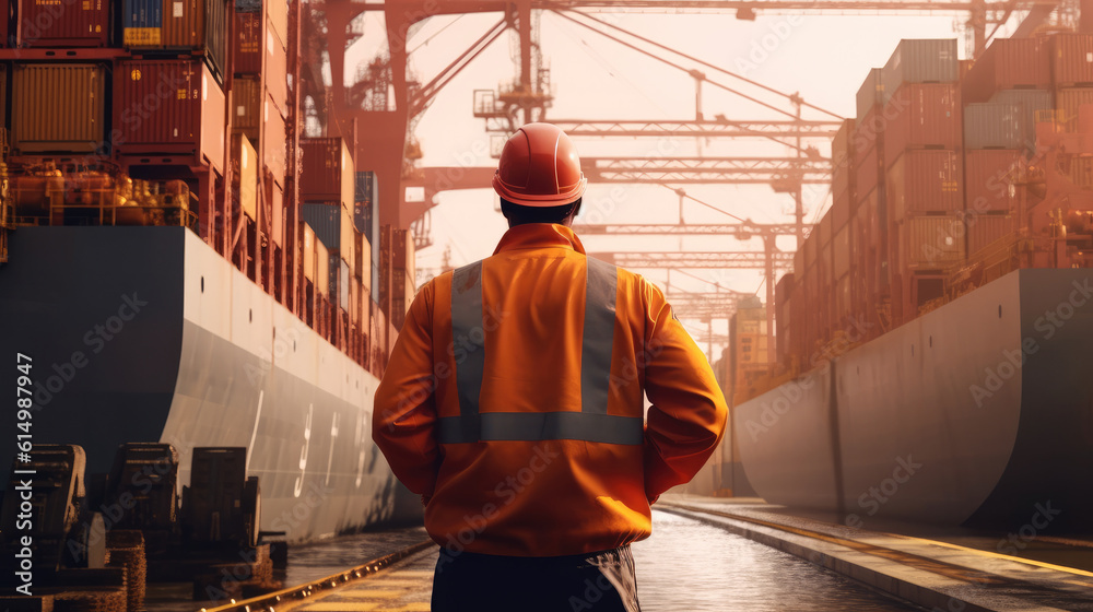 Engineer standing in front of cargo ship at trade port background, industrial, logistics, Shipping c