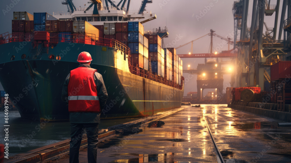 Rear view of dock workers standing in shipyard, Industry with cargo ship.