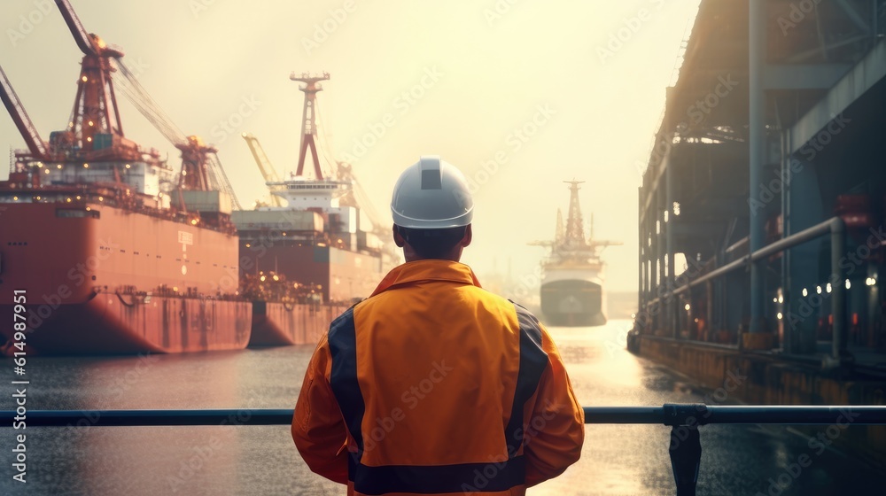 Rear view of dock workers standing in shipyard, Industry with cargo ship.