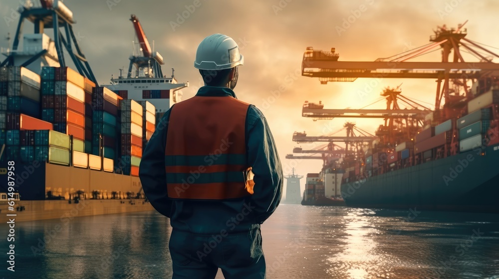 Dock worker standing at the harbor amidst shipping industry activity.