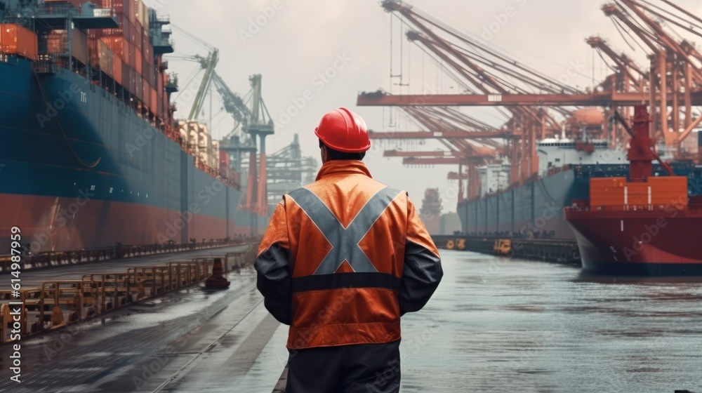 Dock worker standing at the harbor amidst shipping industry activity.