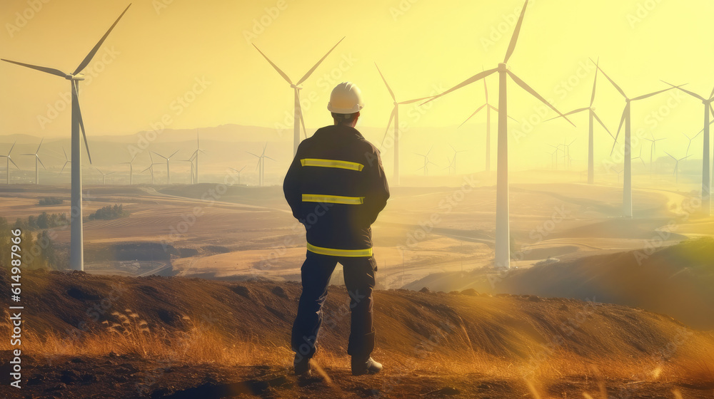 Engineer looking and checking wind turbines at field. View from behind.