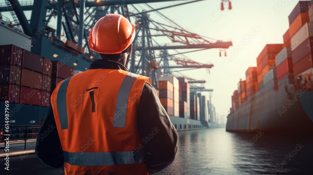 Engineer standing in front of cargo ship at trade port background, industrial, logistics, Shipping c