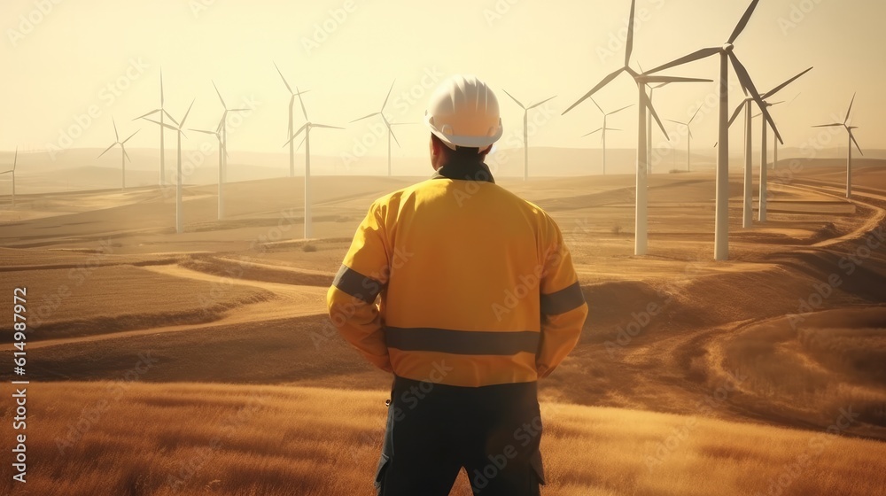 Engineer wearing uniform and helmet walking survey the land area at wind turbines farm.