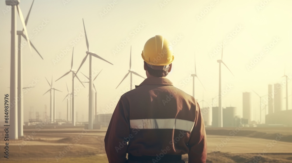 Engineer looking and checking wind turbines at field. View from behind.