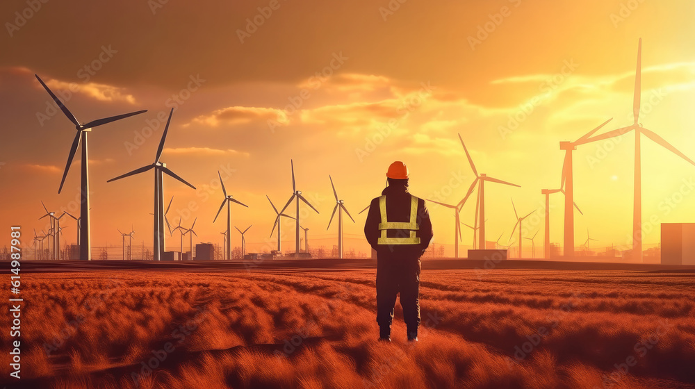 Engineer wearing uniform and helmet walking survey the land area at wind turbines farm.