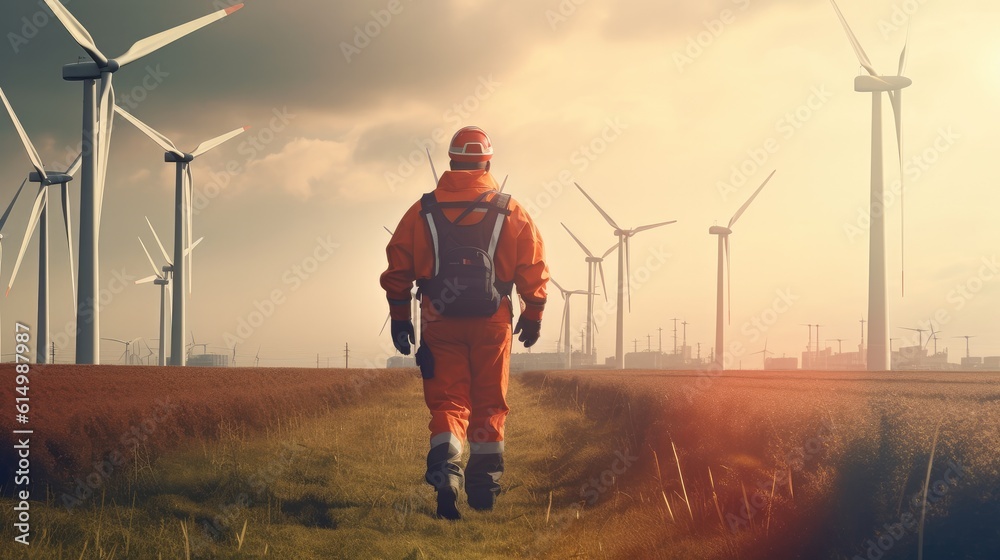 Engineer wearing uniform and helmet walking survey the land area at wind turbines farm.