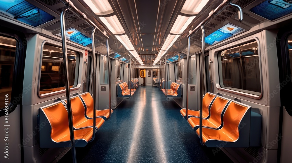 Metro train interior, Subway car empty interior.