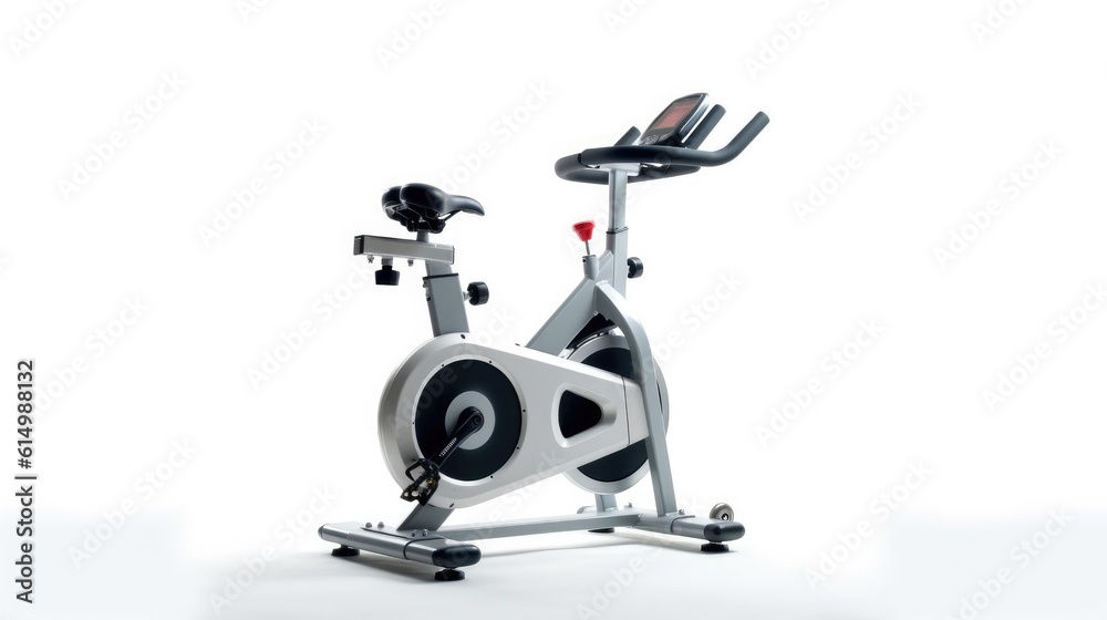 Upright bike for exercise in gym or fitness on white background.