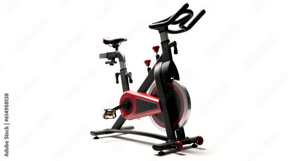 Upright bike for exercise in gym or fitness on white background.