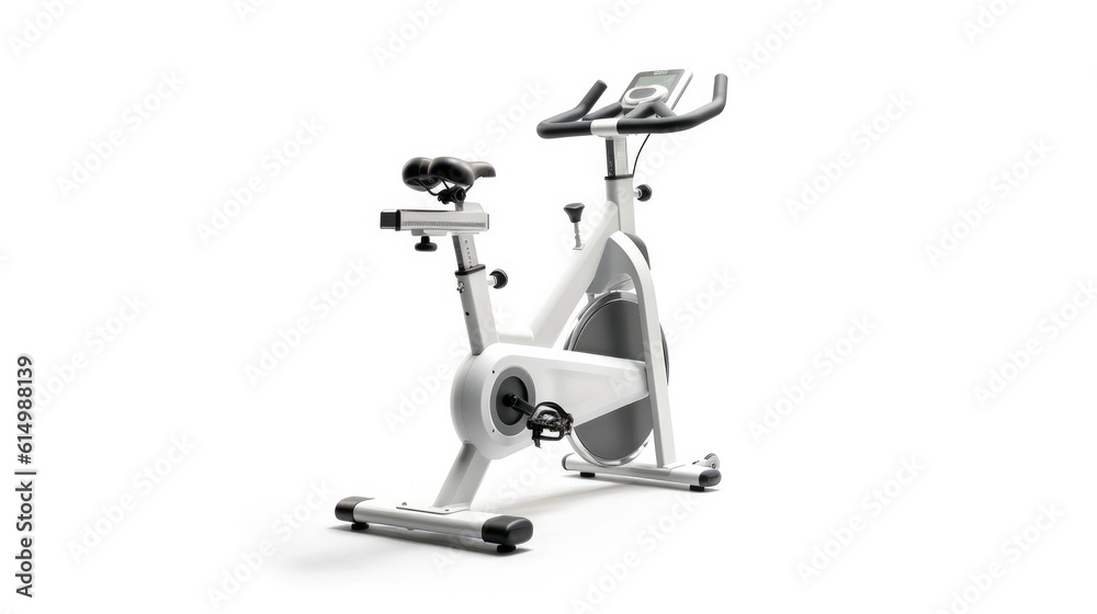 Upright bike for exercise in gym or fitness on white background.