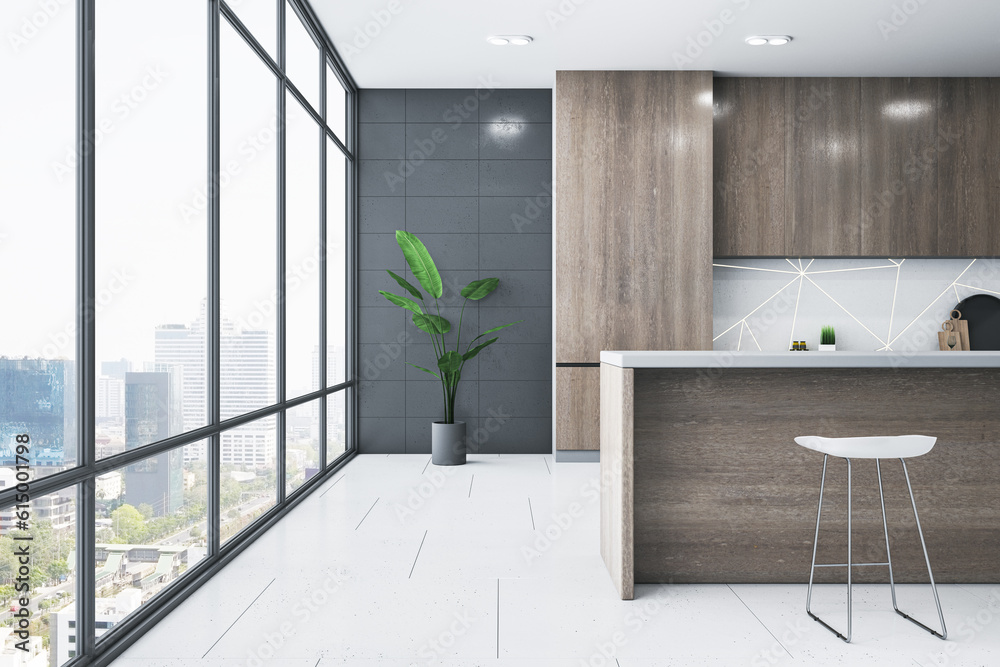 Closeup view of modern kitchen interior design with panoramic window with city view background, wood