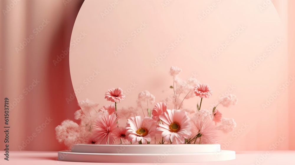 Podium with pink roses on pastel pink background to display products, gift or cosmetics. Generative 