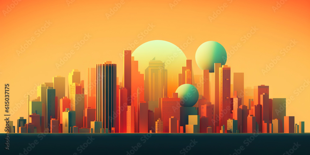 Panoramic cityscape in cyberpunk futuristic style. Towering skyscrapers in neon retrowave colors. Ge