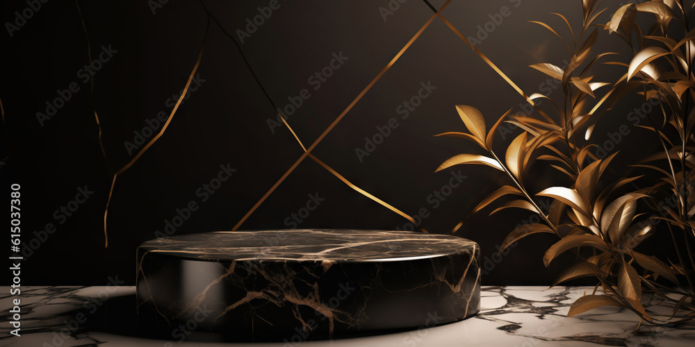 Podium made of black marble with gold, pedestal or platform. Advertising scene. Blank product stand.