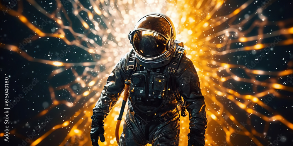 Portrait of astronaut floating in space with a asteroids, space rocks, burning sparks on backdrop. G