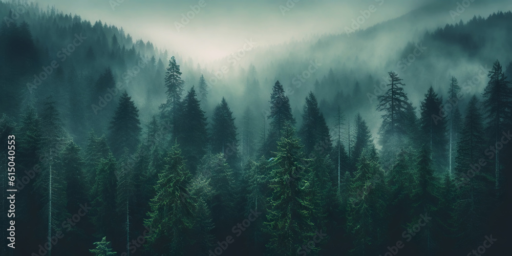 Misty landscape with fir forest in vintage retro style. Generative AI