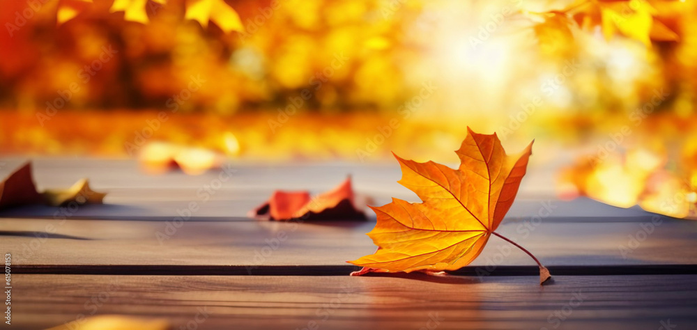 Beautiful orange leaf on a wooden table in the autumn park. Natural autumn background with blur.