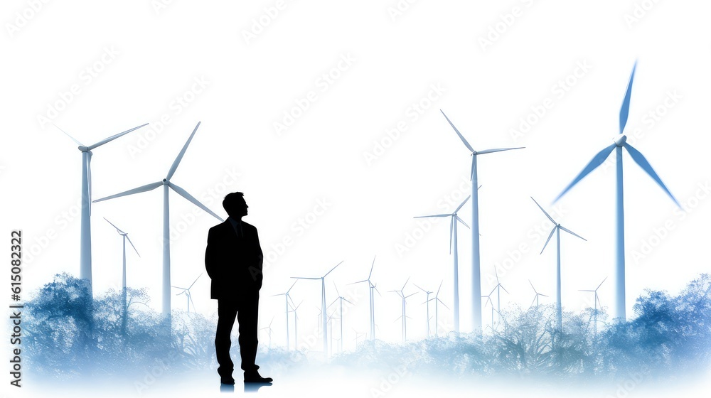 Field of wind turbines double exposure illustration - Generative AI.