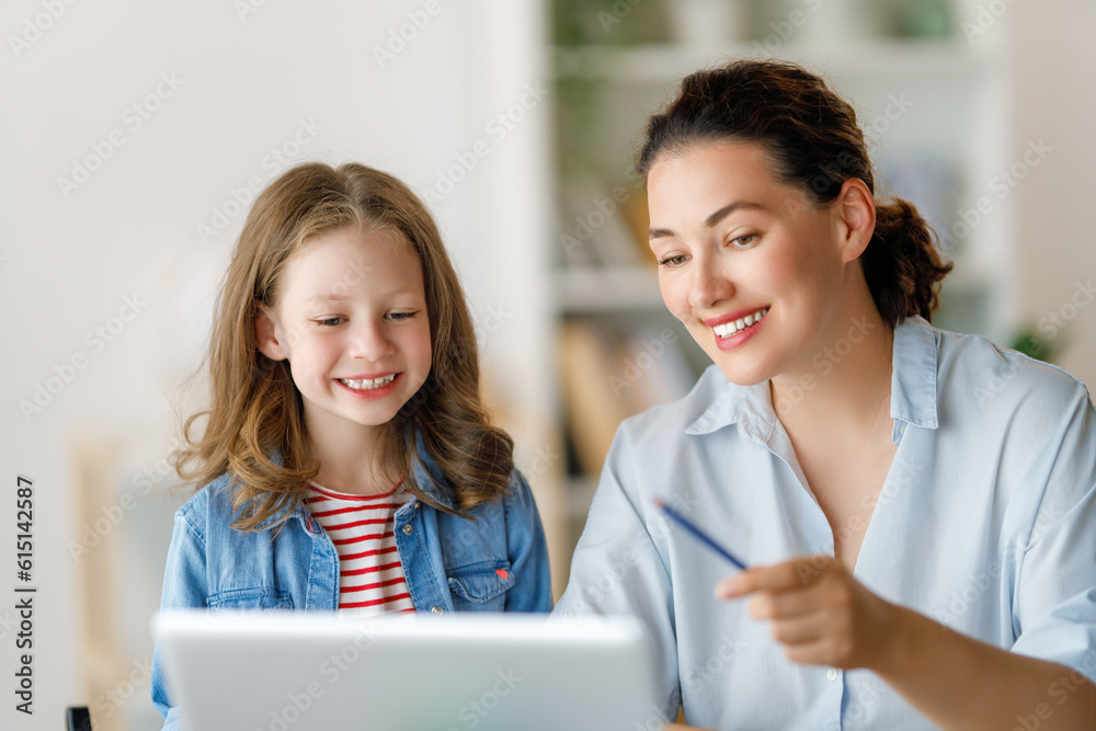 Girl doing homework or online education.