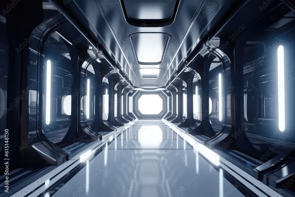 Beautiful design sci-fi corridor in a space ship, AI generated