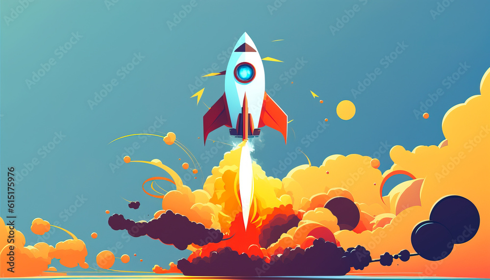 Rocket start up - Against a flat, minimalist background, the rocket symbolizes a concept - ai genera