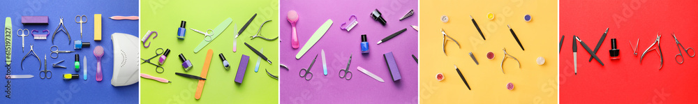 Collage of supplies for manicure on color background