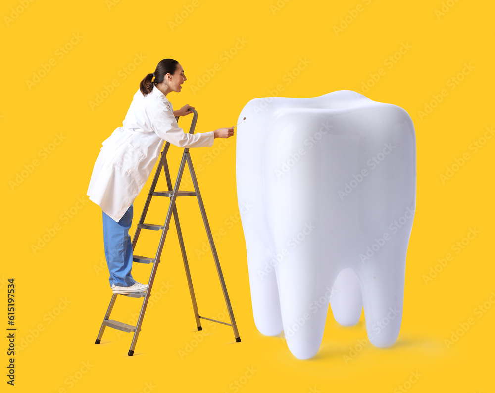 Female dentist examining big tooth on yellow background