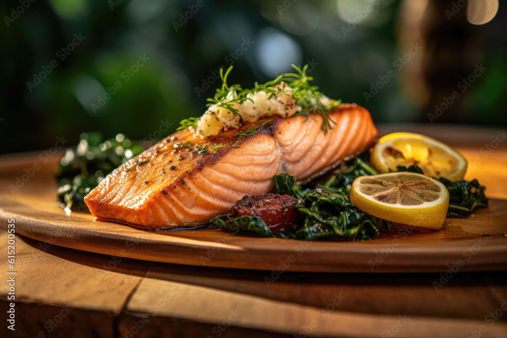 Smoky Grilled Salmon: A Delightful Harmony of Vibrant Greens and Subtle Elegance on Rustic Wood - Ai