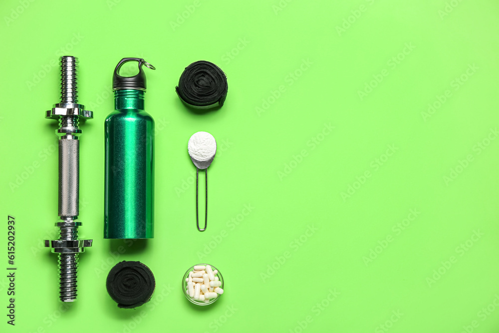 Composition with amino acid supplements, bottle of water and sports equipment on color background