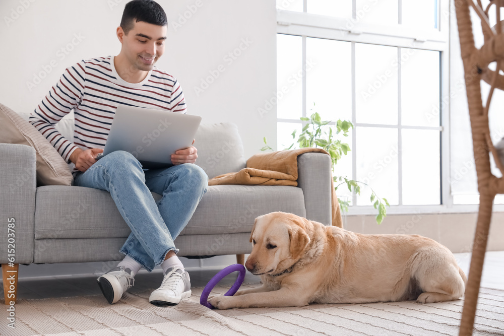 Young man with laptop and cute Labrador dog at home