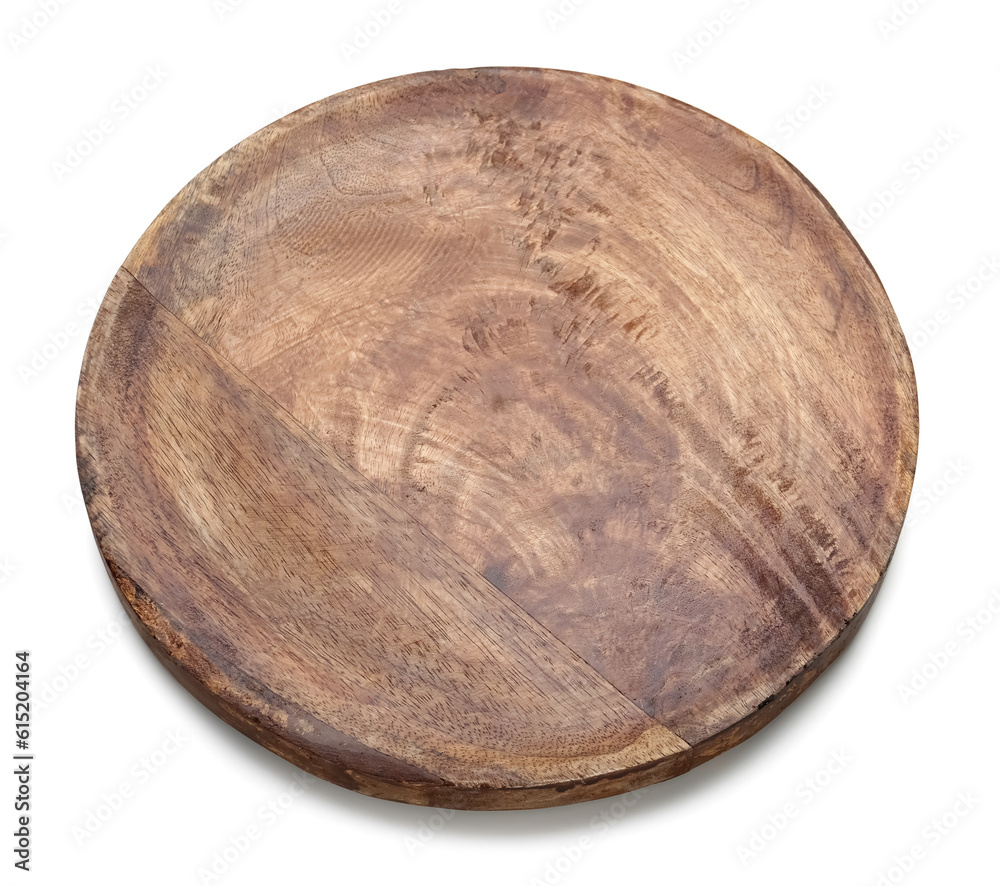 Round wooden kitchen board on white background