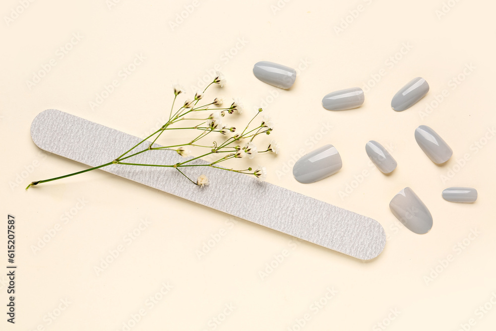 Press-on nails with file and flowers on white background