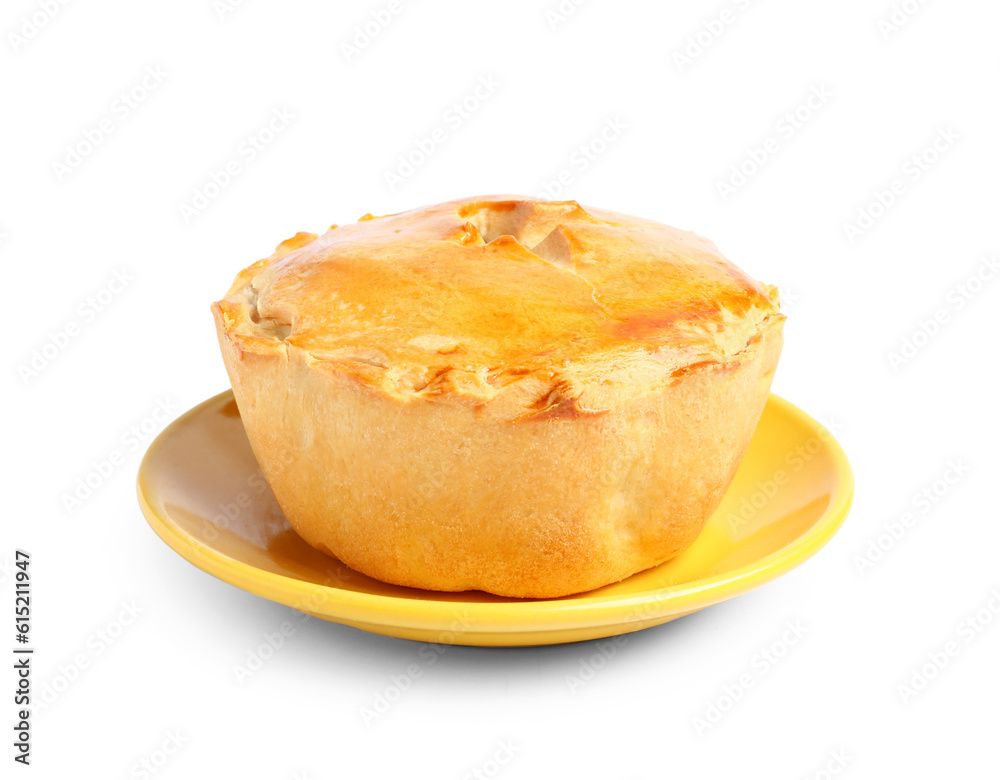 Plate with tasty meat pot pie on white background