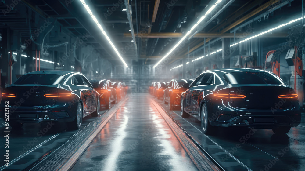 Automobile assembly line production, Unfinished automobiles in a car plant.