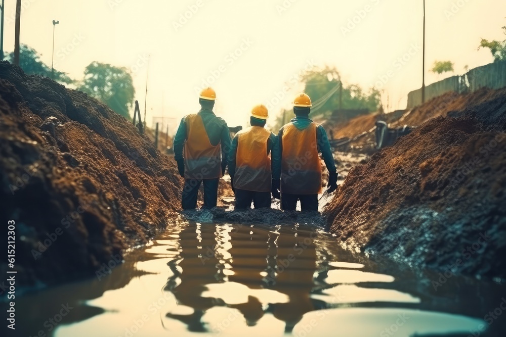 Group of worker excavation water drainage at construction site.