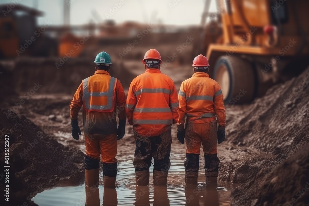 Group of worker excavation water drainage at construction site.