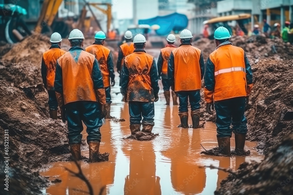 Group of worker excavation water drainage at construction site.