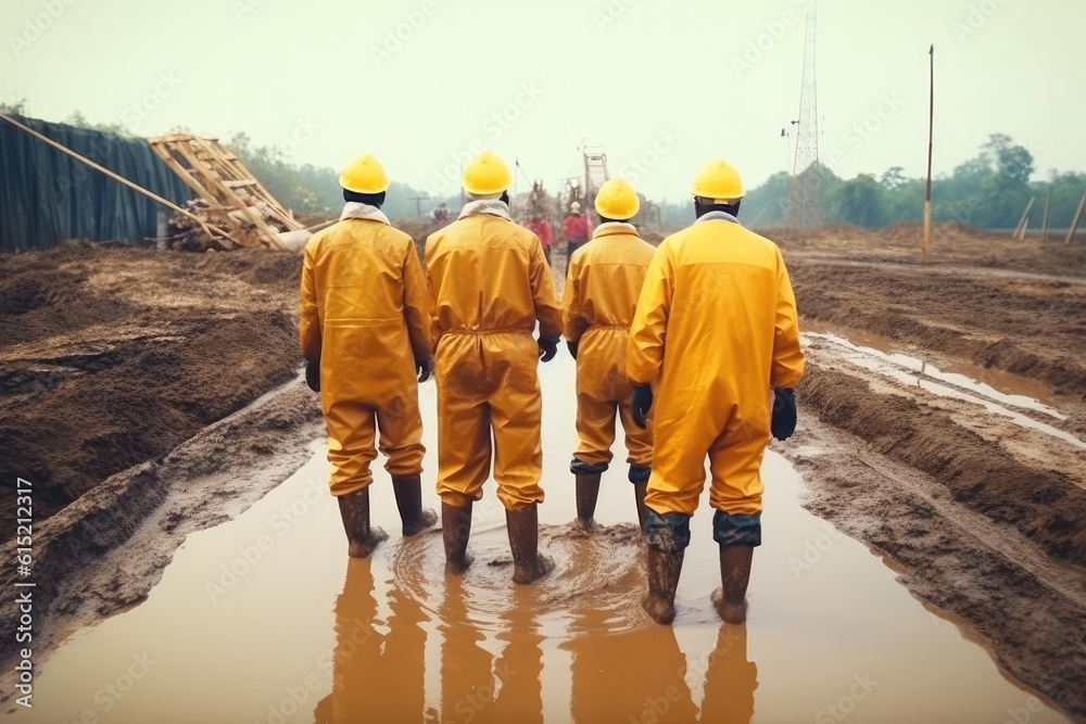 Group of worker excavation water drainage at construction site.