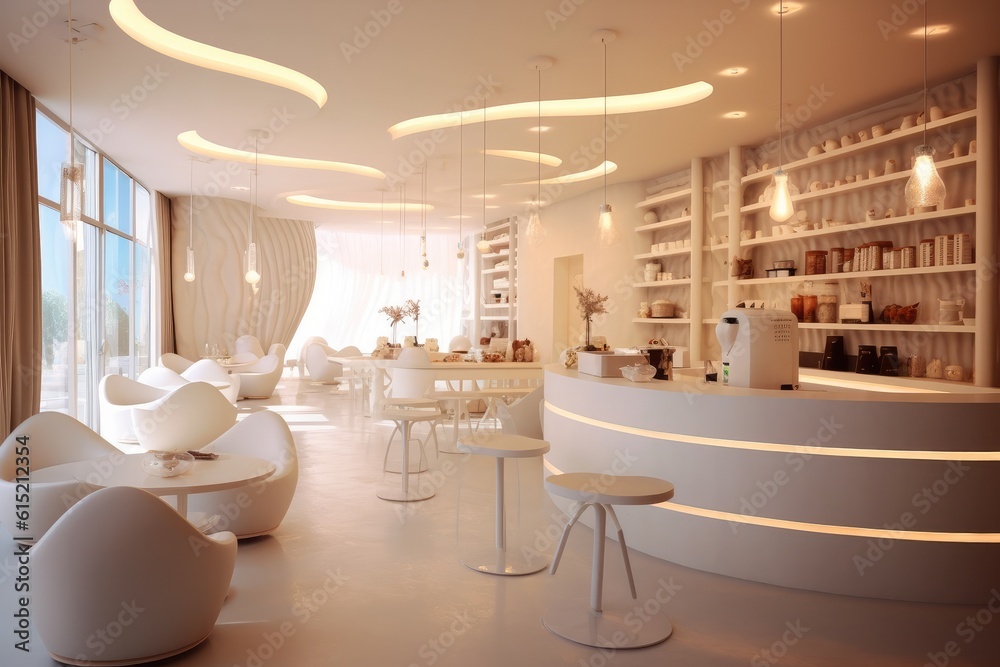 Interior design coffee shop view of modern, Soft tones.