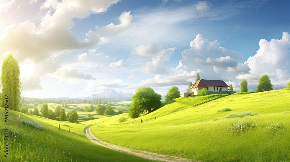 Calming cute rural landscape with fields, pastures and winding roads in a cartoon style. Generative 